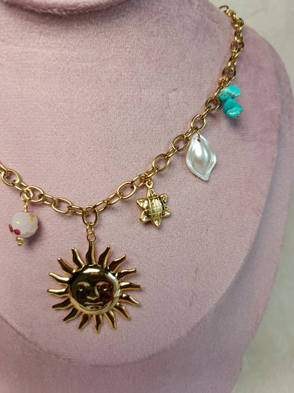 Anti tarnish Golden Sun & Eclectic Charm Necklace