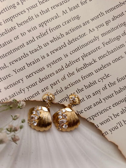Anti tarnish Gold Shell Drop Earrings with Crystal Embellishments