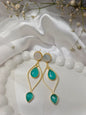 Elegant Gold & Aqua Gemstone Dangle brass Earrings with monalisa stone