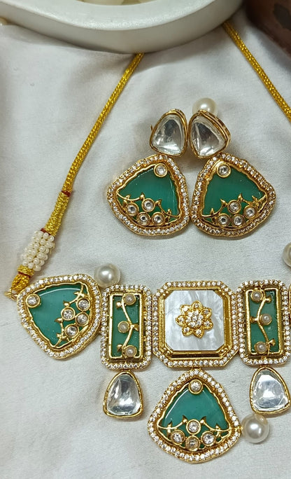 Premium Green Kundan & Mother of Pearl Choker Necklace Set with Earrings | Bridal & Wedding Jewellery