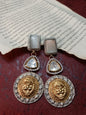 Regal German Silver and Brass Lion Head Premium Earrings with White Stone.