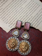 Regal German Silver and Brass Lion Head Premium Earrings with White Stone.