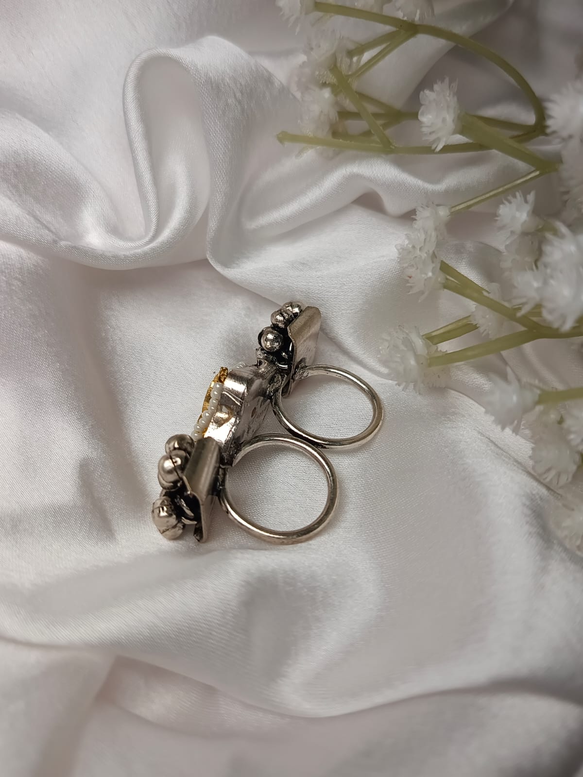 Adjustable Artisan Parrot & Pearl Brass Statement Ring