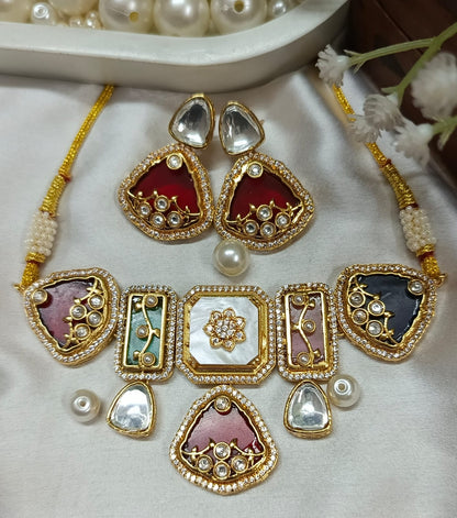 Premium Green Kundan & Mother of Pearl Choker Necklace Set with Earrings | Bridal & Wedding Jewellery