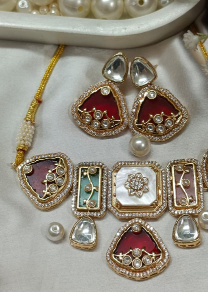 Premium Green Kundan & Mother of Pearl Choker Necklace Set with Earrings | Bridal & Wedding Jewellery