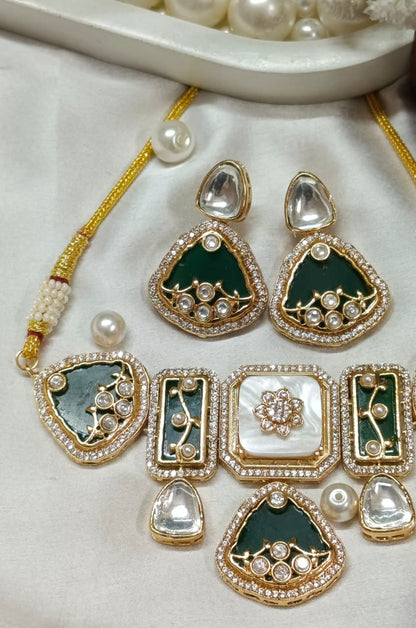 Premium Green Kundan & Mother of Pearl Choker Necklace Set with Earrings | Bridal & Wedding Jewellery