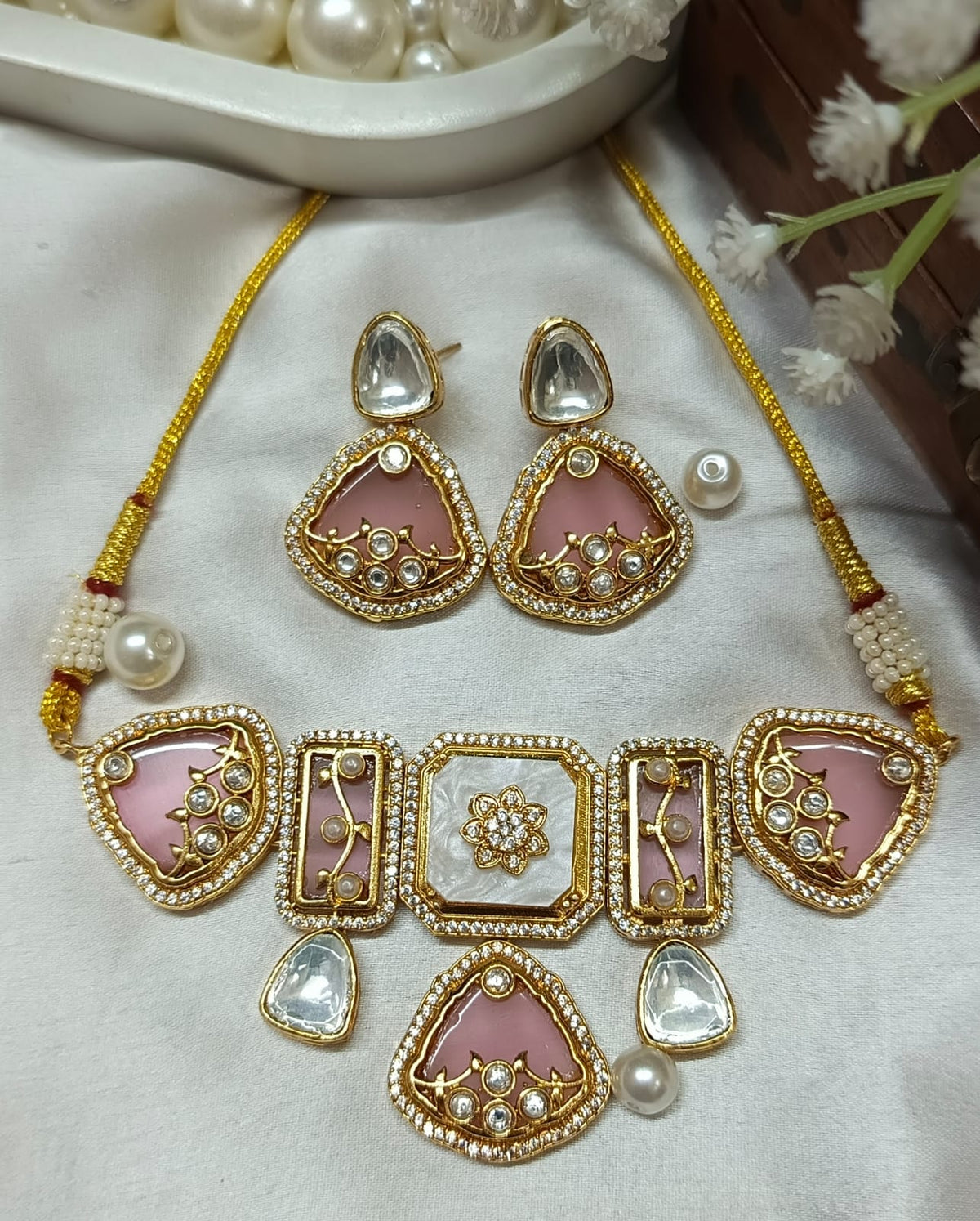 Premium Green Kundan & Mother of Pearl Choker Necklace Set with Earrings | Bridal & Wedding Jewellery
