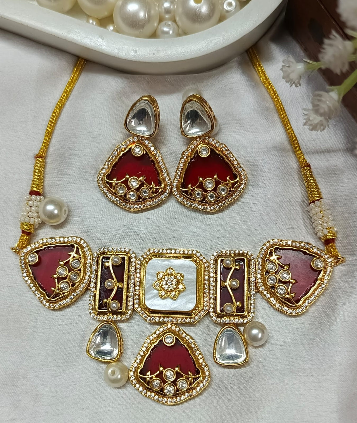 Premium Green Kundan & Mother of Pearl Choker Necklace Set with Earrings | Bridal & Wedding Jewellery